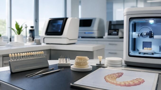 ein dentallabor mit d druckern zahnärztlichen instrumenten zahnfarbkarten und zahnabdrücken die auf einem arbeitstisch angeordnet sind