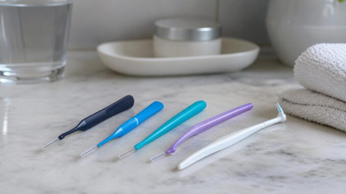 fünf interdentalbürsten mit verschiedenfarbigen griffen liegen auf einer marmorarbeitsplatte neben einem gefalteten handtuch einer pflanze einem glas wasser und einem kleinen behälter