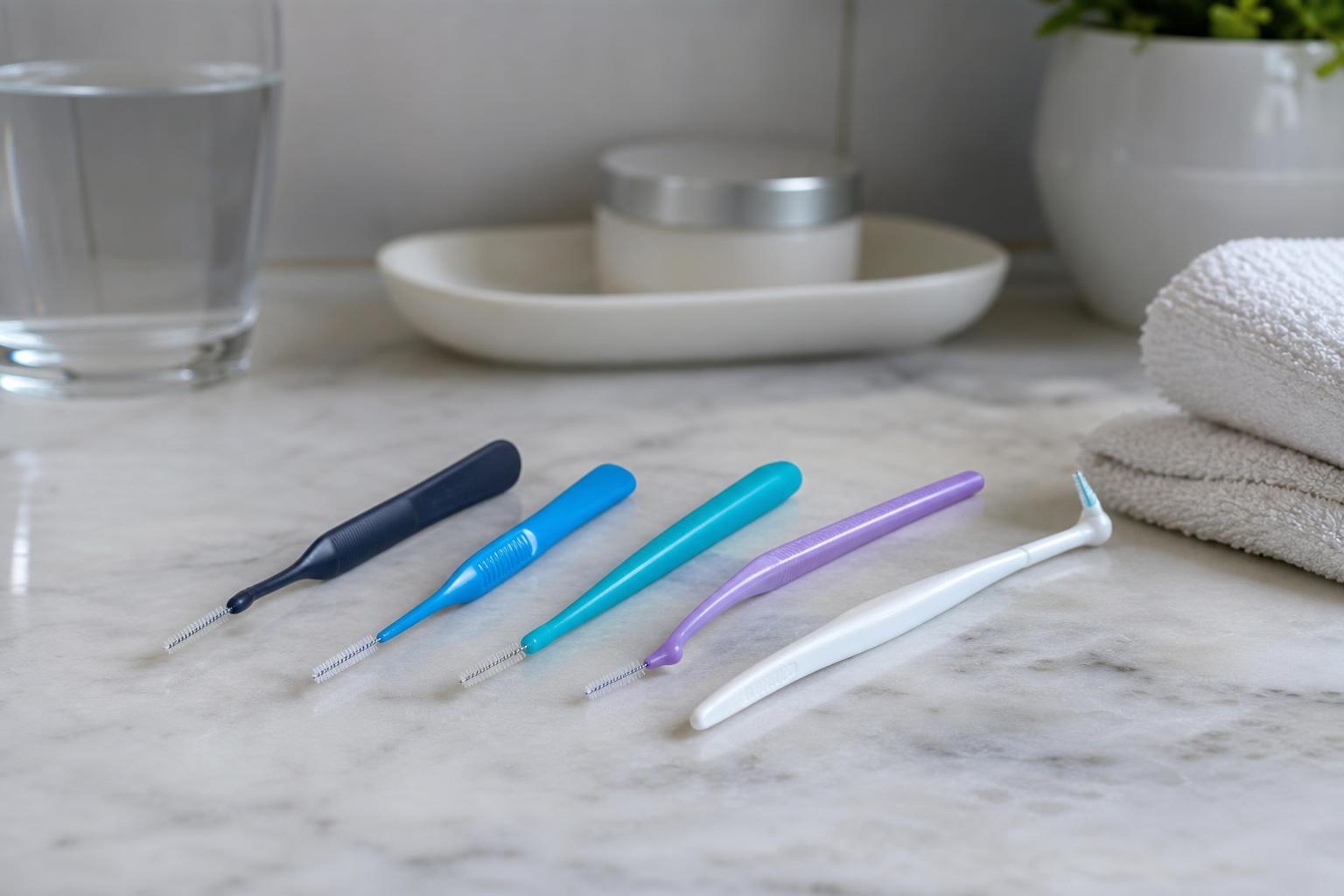 fünf interdentalbürsten mit verschiedenfarbigen griffen liegen auf einer marmorarbeitsplatte neben einem gefalteten handtuch einer pflanze einem glas wasser und einem kleinen behälter