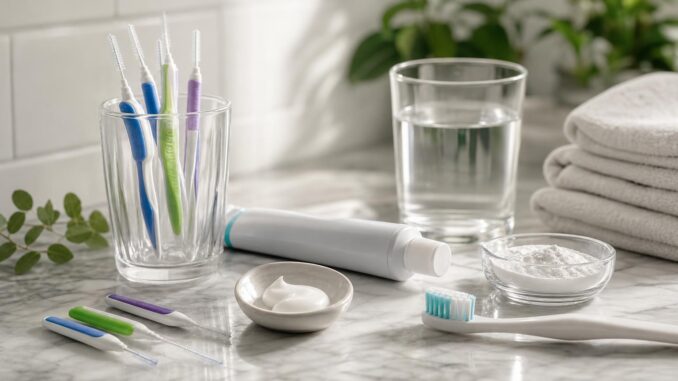 zahnbürste zahnpasta interdentalbürsten ein glas wasser backpulver zahnseidenstäbchen und handtücher die auf dem waschtisch im badezimmer liegen