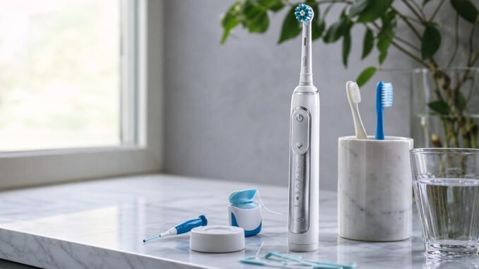 eine elektrische zahnbürste eine handzahnbürste zahnseide und ein glas wasser auf einem waschtisch im badezimmer in der nähe eines fensters im hintergrund sind pflanzen zu sehen