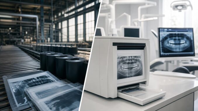 ein geteiltes bild zeigt links die filmentwicklung in einer fabrik und rechts die entwicklung von zahnärztlichen röntgenfilmen in einer zahnarztpraxis