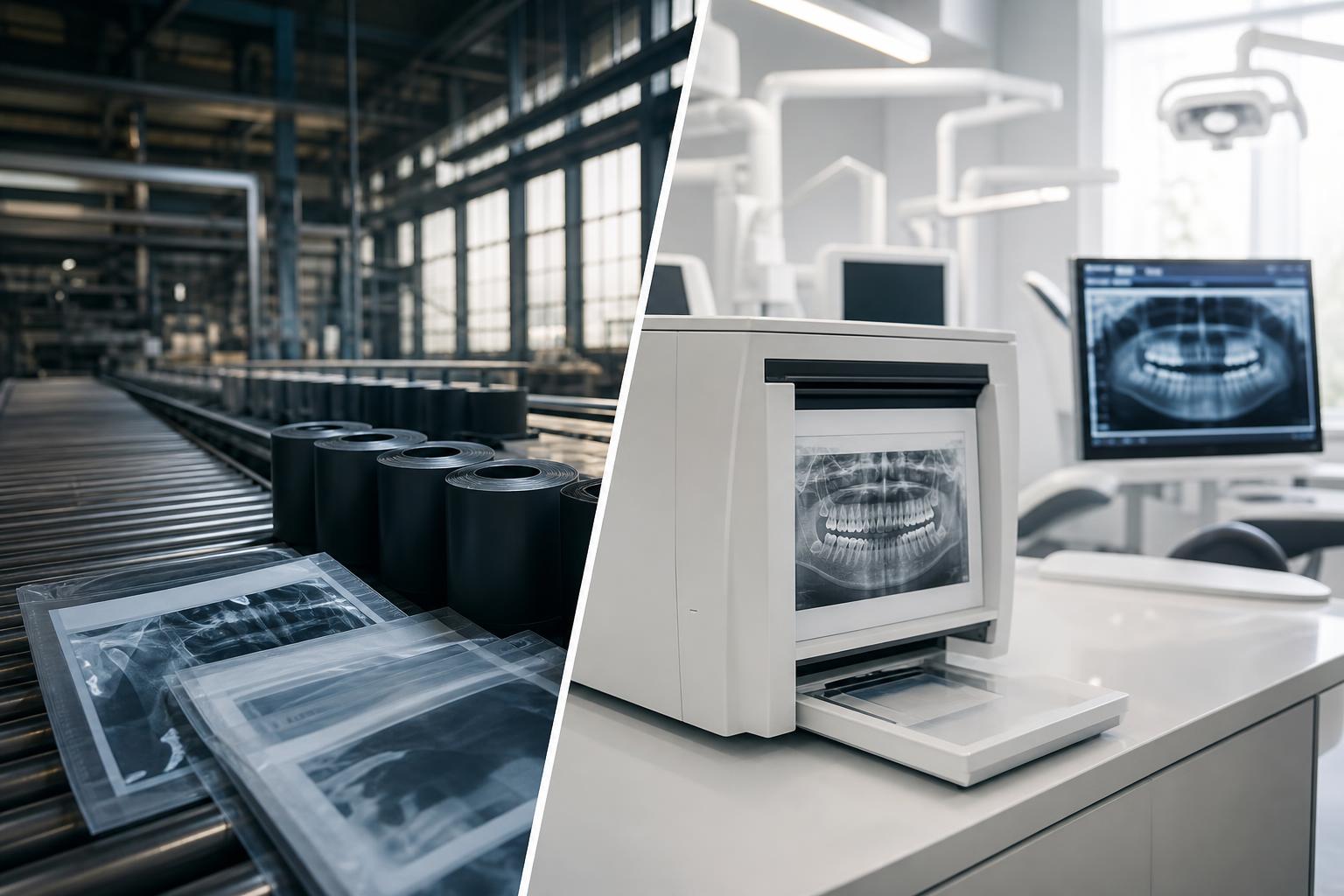 ein geteiltes bild zeigt links die filmentwicklung in einer fabrik und rechts die entwicklung von zahnärztlichen röntgenfilmen in einer zahnarztpraxis