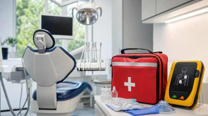 zahnarztpraxis mit einem behandlungsstuhl medizinischen geräten einem roten erste hilfe kasten und einem defibrillator auf einer theke heller raum mit einem fenster im hintergrund