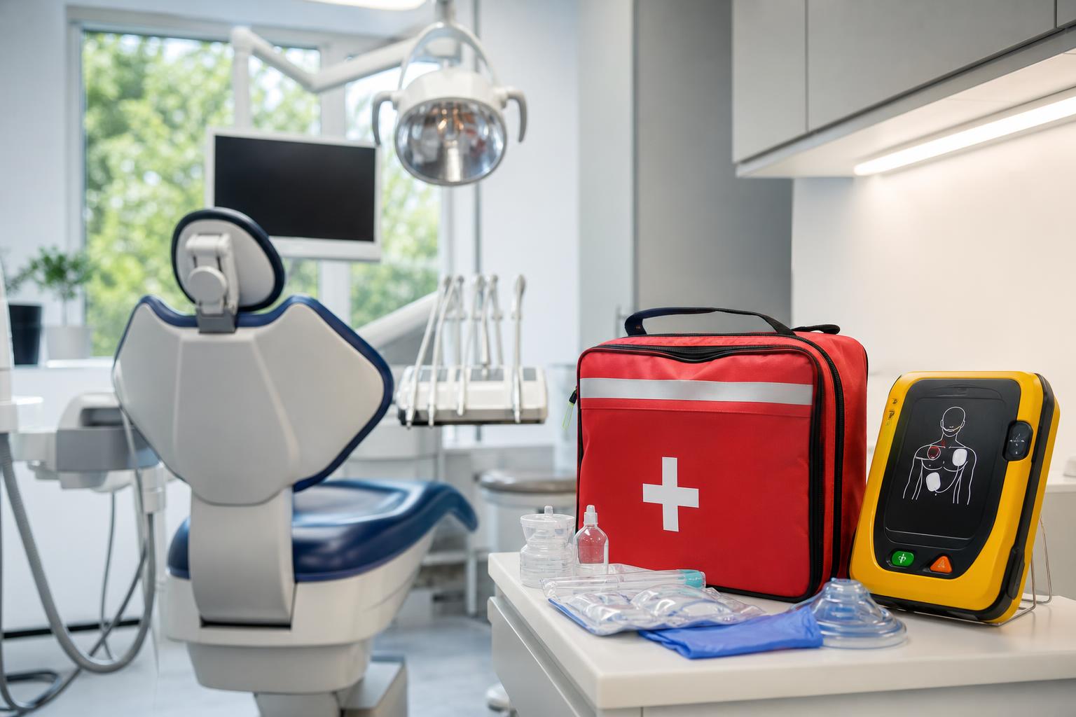 zahnarztpraxis mit einem behandlungsstuhl medizinischen geräten einem roten erste hilfe kasten und einem defibrillator auf einer theke heller raum mit einem fenster im hintergrund