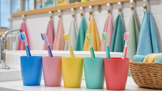 fünf bunte zahnbürsten in passenden bechern stehen auf dem waschtisch im badezimmer im hintergrund hängen pastellfarbene handtücher an haken