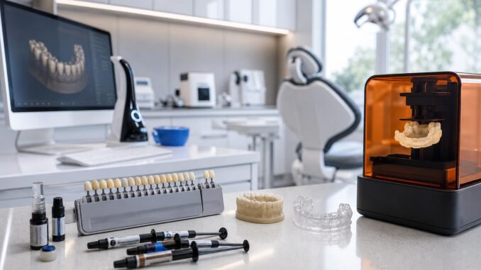 ein dentallabor mit einem d drucker dentalmaterialien einer zahnfarbskala und einem computer auf dem ein digitales zahnmodell angezeigt wird – alles auf einer sauberen weißen arbeitsplatte