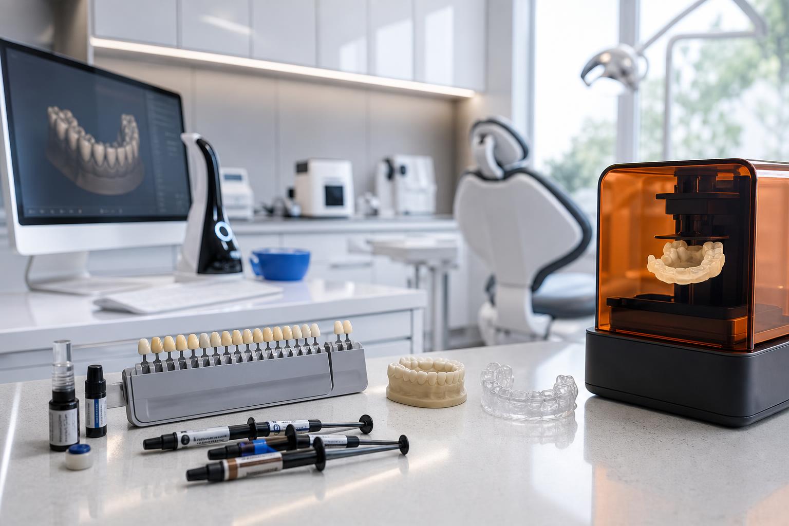ein dentallabor mit einem d drucker dentalmaterialien einer zahnfarbskala und einem computer auf dem ein digitales zahnmodell angezeigt wird – alles auf einer sauberen weißen arbeitsplatte