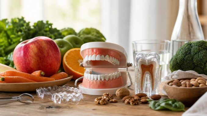 auf einem holztisch liegen künstliche zahnmodelle eine durchsichtige zahnspange und ein zahnmodell umgeben von frischem obst gemüse nüssen und einem glas wasser