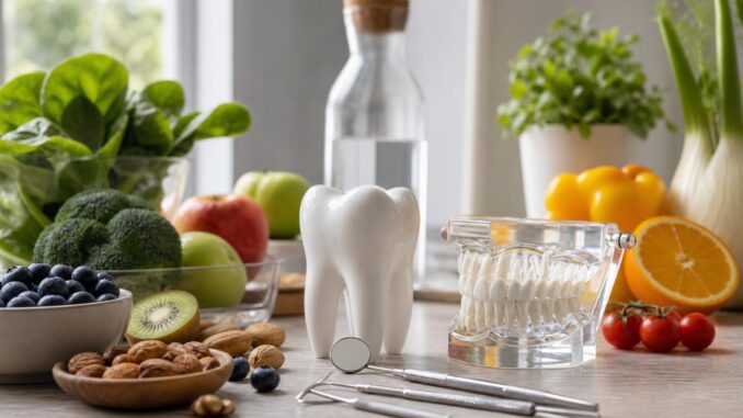 auf einem tisch liegen ein zahnmodell zahnärztliche instrumente und ein kiefermodell im hintergrund sind frisches obst gemüse nüsse und blattgemüse zu sehen