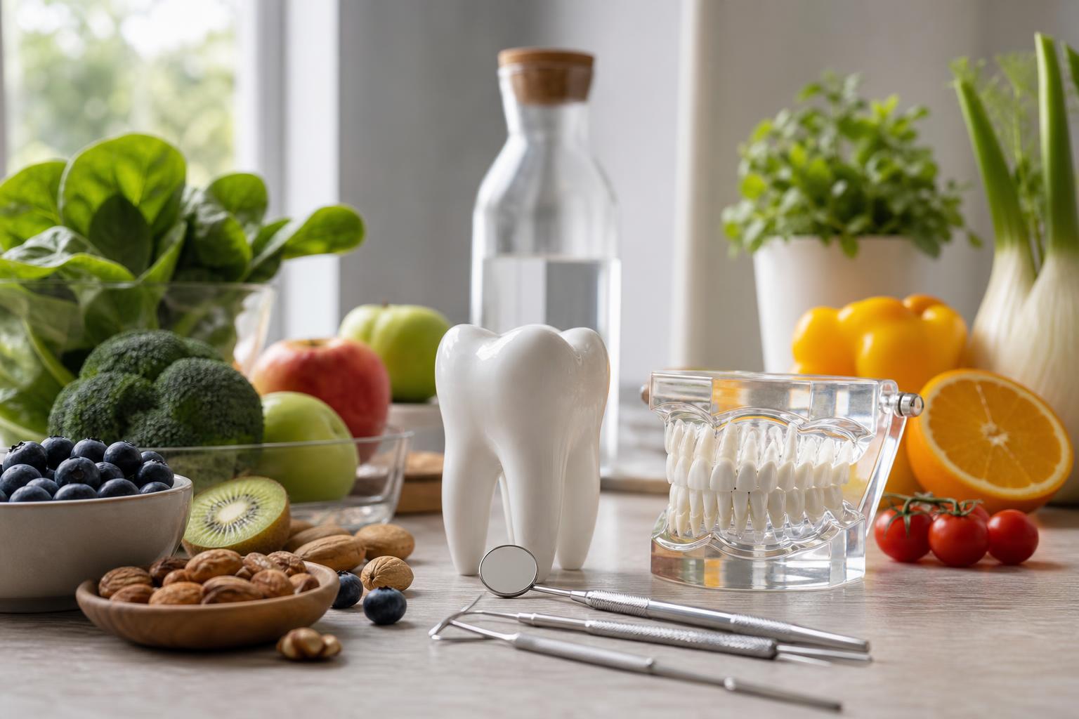 auf einem tisch liegen ein zahnmodell zahnärztliche instrumente und ein kiefermodell im hintergrund sind frisches obst gemüse nüsse und blattgemüse zu sehen