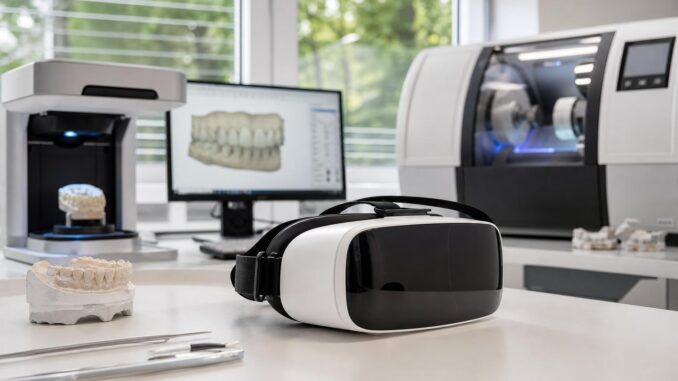 ein virtual reality headset auf einem tisch in einem dentallabor daneben zahnmedizinische instrumente ein zahnmodell ein d drucker und im hintergrund ein computer auf dem ein digitaler zahnscan zu sehen ist