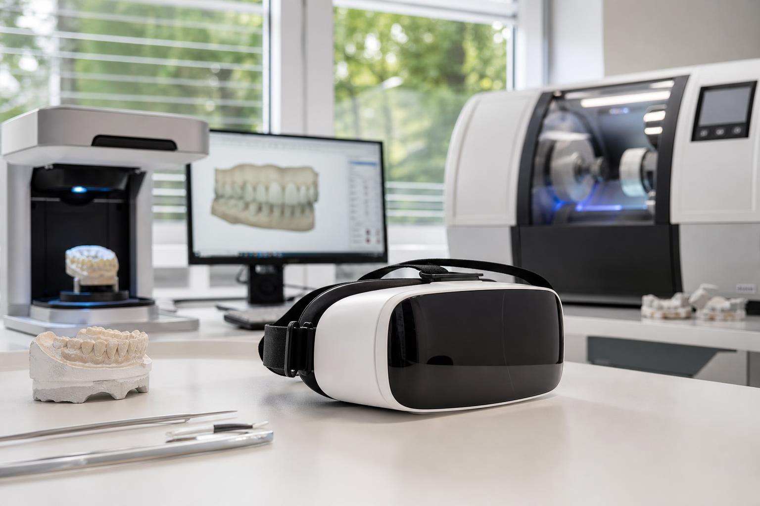 ein virtual reality headset auf einem tisch in einem dentallabor daneben zahnmedizinische instrumente ein zahnmodell ein d drucker und im hintergrund ein computer auf dem ein digitaler zahnscan zu sehen ist