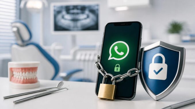 auf dem schreibtisch eines zahnarztes auf dem sich zahnärztliche instrumente und ein zahnmodell befinden steht ein smartphone mit einem whatsapp logo das mit einem vorhängeschloss angekettet und verschlossen ist neben einem schild symbol