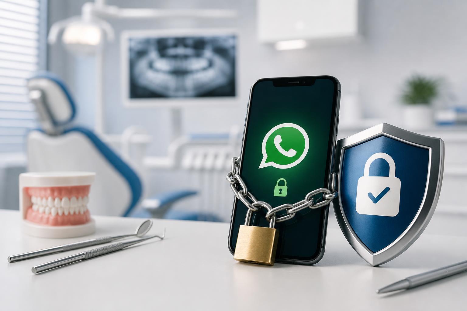 auf dem schreibtisch eines zahnarztes auf dem sich zahnärztliche instrumente und ein zahnmodell befinden steht ein smartphone mit einem whatsapp logo das mit einem vorhängeschloss angekettet und verschlossen ist neben einem schild symbol