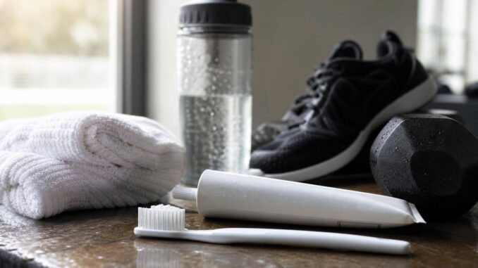 zahnbürste zahnpasta handtuch wasserflasche schwarze sportschuhe und eine hantel auf einer holzfläche in der nähe eines fensters