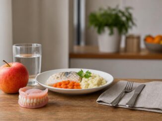 auf einem holztisch stehen ein teller mit weicher kost ein apfel ein glas wasser und eine zahnprothese dazu besteck und eine serviette; im hintergrund sind eine pflanze und eine obstschale zu sehen