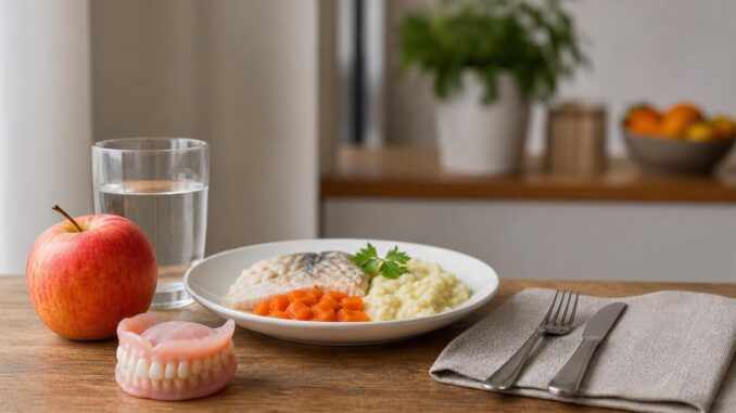 auf einem holztisch stehen ein teller mit weicher kost ein apfel ein glas wasser und eine zahnprothese dazu besteck und eine serviette; im hintergrund sind eine pflanze und eine obstschale zu sehen