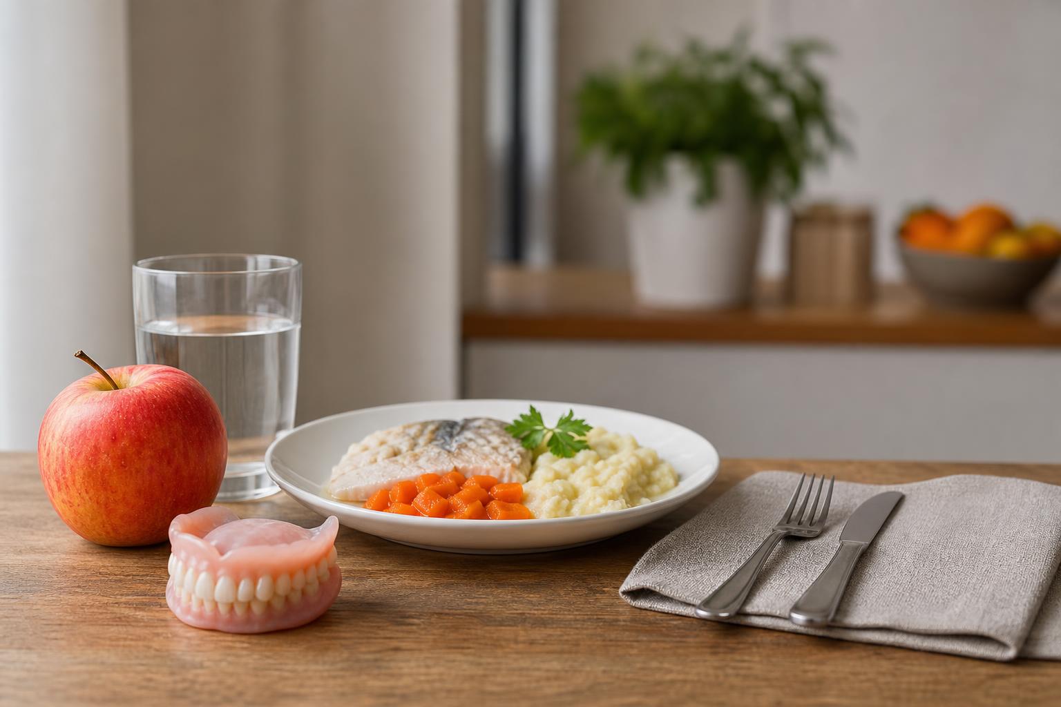 auf einem holztisch stehen ein teller mit weicher kost ein apfel ein glas wasser und eine zahnprothese dazu besteck und eine serviette; im hintergrund sind eine pflanze und eine obstschale zu sehen