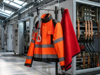 Eine orangefarbene PSAgS-Jacke mit reflektierenden Streifen und eine rote feuerhemmende Decke hängen im gut beleuchteten