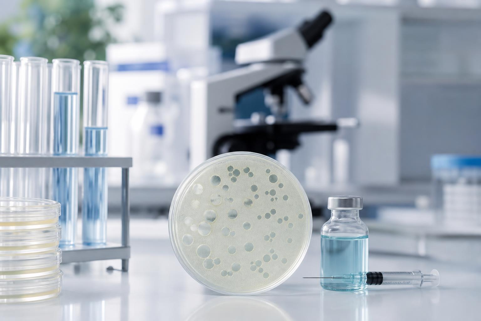 eine petrischale mit bakterienkolonien ein fläschchen mit blauer flüssigkeit und eine spritze auf einem labortisch im hintergrund sind reagenzgläser und ein mikroskop zu sehen