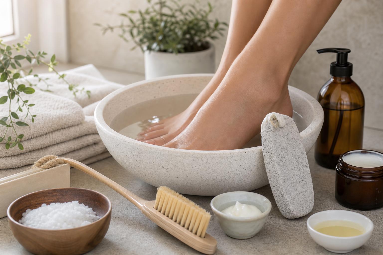 eine person badet ihre füße in einer schüssel mit wasser umgeben von wellness utensilien wie einem bimsstein einer bürste handtüchern meersalz und hautpflegeprodukten