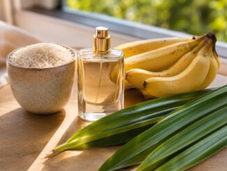 Ein eleganter Parfümflakon mit goldenem Sprühkopf steht neben einer Schale mit Basmatireis, einer Bananengruppe und