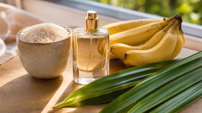 Ein eleganter Parfümflakon mit goldenem Sprühkopf steht neben einer Schale mit Basmatireis, einer Bananengruppe und