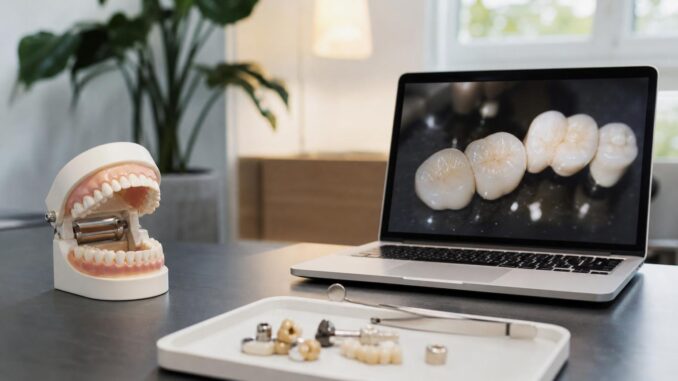 auf einem tisch stehen ein zahnmodell instrumente und kronen auf einem tablett neben einem laptop auf dessen bildschirm ein bild von zahnkronen zu sehen ist – in einem hellen raum mit einer pflanze