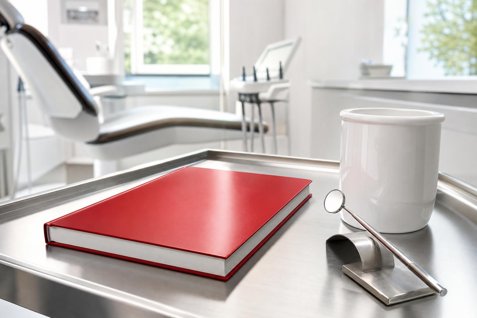 Ein rotes Fachmagazin liegt neben einem weißen Keramikbecher und einem silbernen Zungenspiegel auf einem Edelstahl-Tisch in
