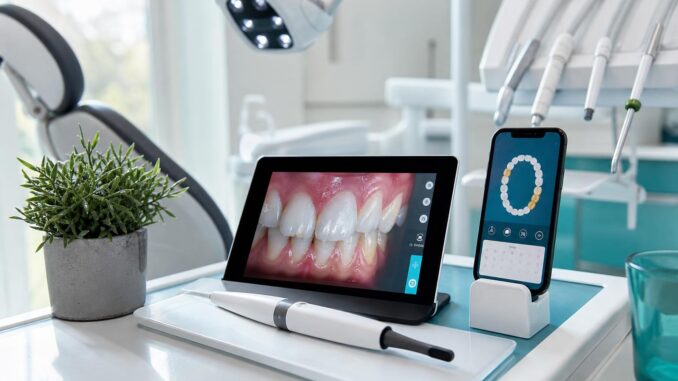 ein schreibtisch in einer zahnarztpraxis mit einem tablet auf dem zähne zu sehen sind einem smartphone auf dem eine zahnfarbskala angezeigt wird zahnärztlichen instrumenten einer pflanze und einem glas in einer hellen modernen umgebung