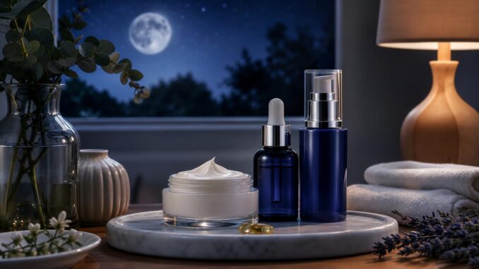 hautpflegeprodukte für die nacht auf einem marmortablett darunter ein cremetiegel eine serumflasche mit tropfverschluss und eine pumpflasche auf einem tisch mit blumen und handtüchern im hintergrund ein vom mondlicht beleuchtetes fenster